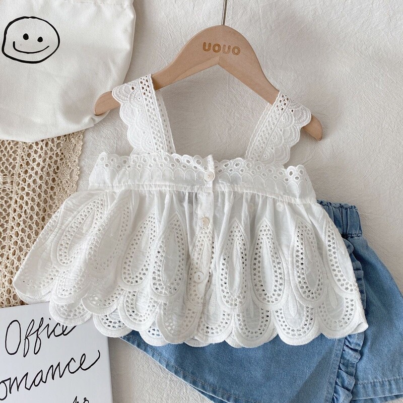 Baby girl's summer suit white sling + Denim shorts two-piece set children's travel photography Western style summer clothes
