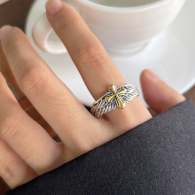 岚芷复古泰银羽翼戒指男ins潮嘻哈重工单身戒十字架925银戒指开口