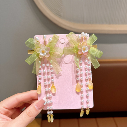 New Children's Hanfu Hair Accessories with Flower and Butterfly Design, Ancient Style Headwear with Vintage Tassels and Flowing Ribbons, Traditional Costume Hair Clips, Tang Dynasty Style Decorations