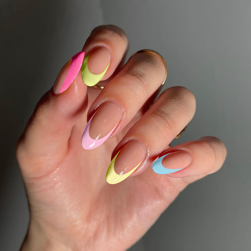Rainbow French Wearing Nail Art Almond Pointed Nail Rainbow Multicolor Nail Sticker European and American Wearing Nail Multicolor Double Nail