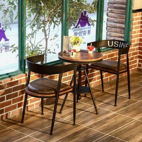 American-style solid wood dining table and chair set, restaurant & milk tea shop tables and chairs, industrial-style pub furniture, iron-framed adjustable-height dining table, small round table