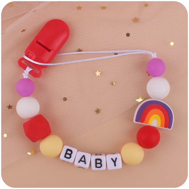 Nuevos suministros para bebés chupete Cadena de dibujos animados lindo arco iris de silicona pequeña cadena anti-caída mordedor