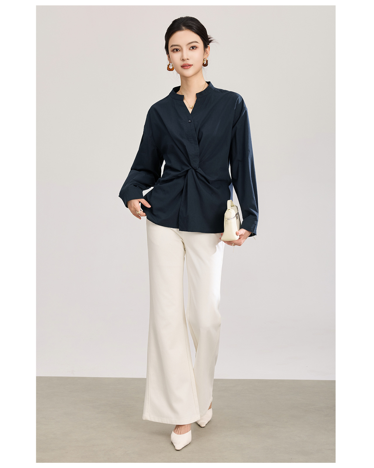 Áo sơ mi nữ dài tay chất lụa tencel phối xoắn thanh lịch — xanh lam chi tiết 7