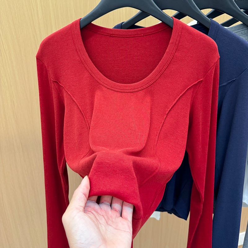 Camiseta simple de manga larga de hombro recto para mujer, primavera de 2025, nueva camiseta delgada de cuello redondo para mujer, top de cintura de espina de pescado image 10