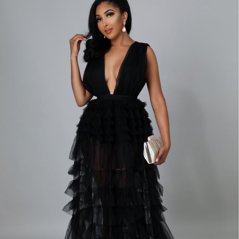 Hx029 Summer Elegant Sexy V Neck High Waist Pleated Evening Dress Black Ethnic Style Suspender Long Skirt Mesh with Hx029 Summer Elegant Sexy V Neck High Waist Pleated Evening Dress Black Ethnic Style Suspender Long Skirt Mesh with