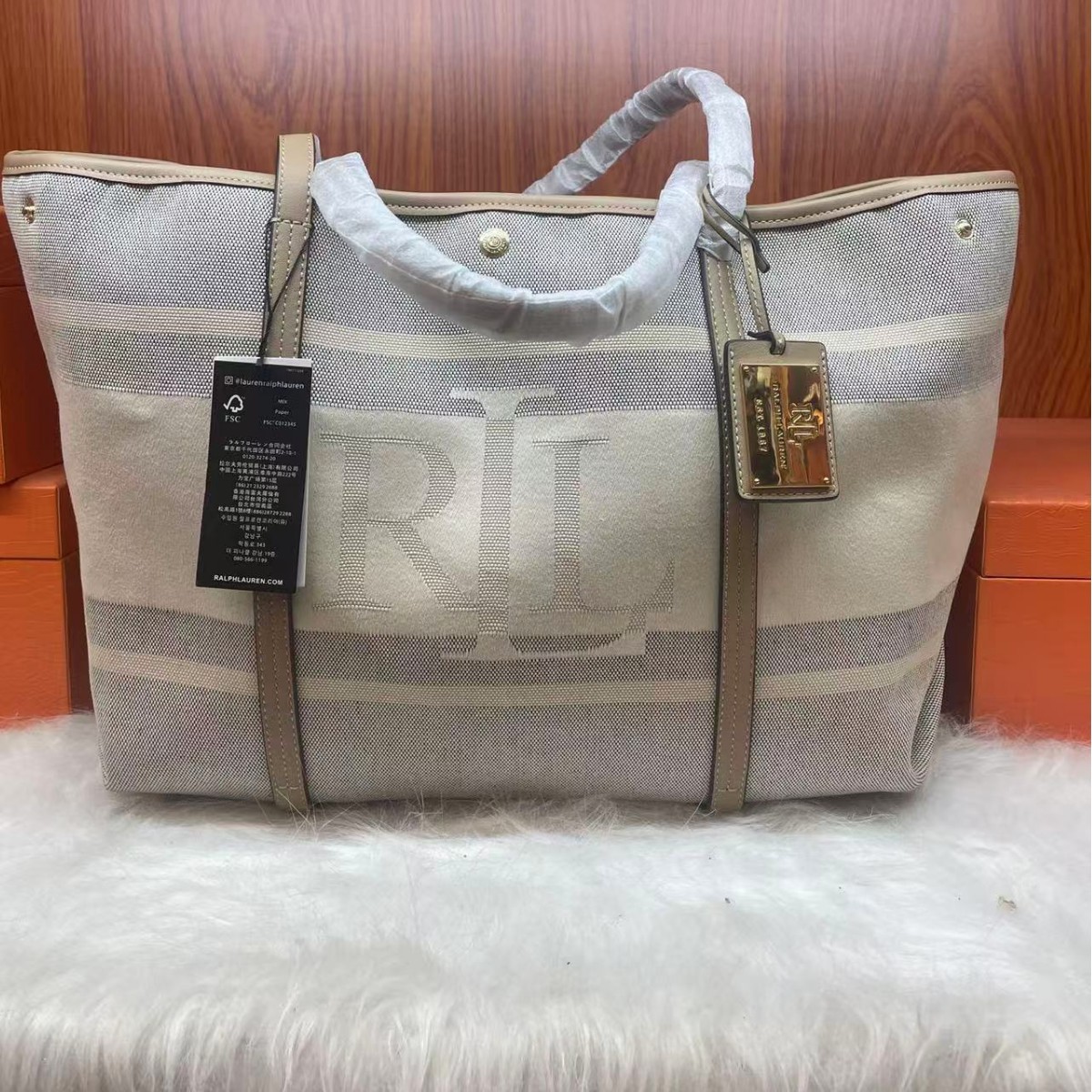 Ralph Lauren kətan canvas çanta - böyük tutumlu omuz çantası