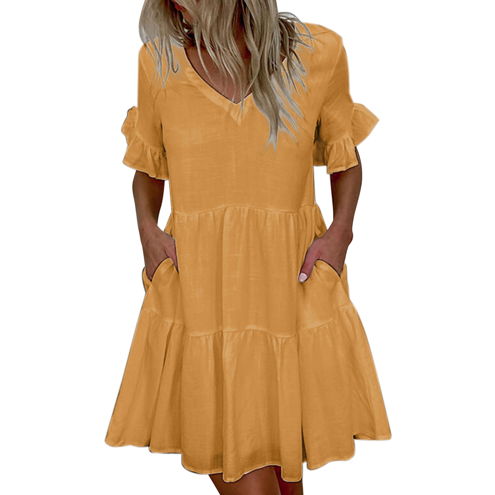 V-neck pocket short sleeve loose solid color dress NSFH130981