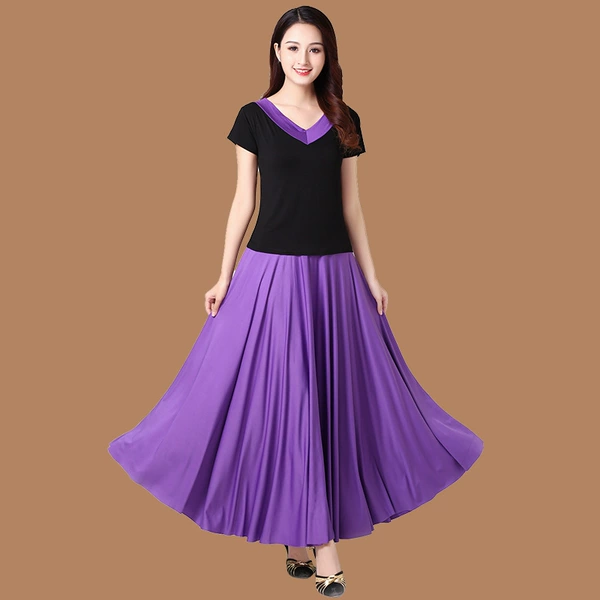 T-shirt, purple long skirt, with short sleeve