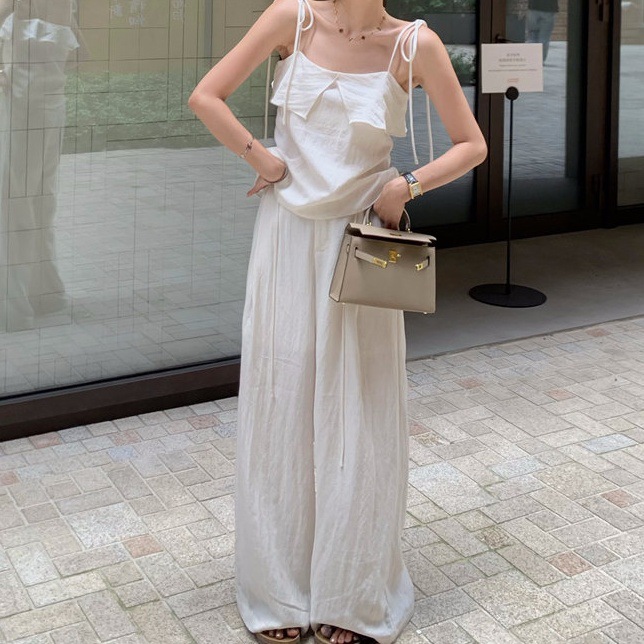 Casual Fashion For Women Summer Ruffled White Camisole Top High Waist Wide Leg Pants Two-Piece Set_ecoleips.com
