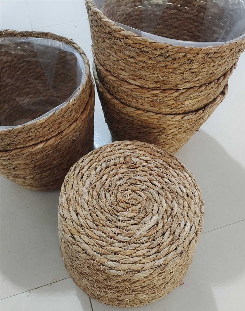 Cesta de Flores Tejida de Paja con Película Impermeable para Plantas de Interior