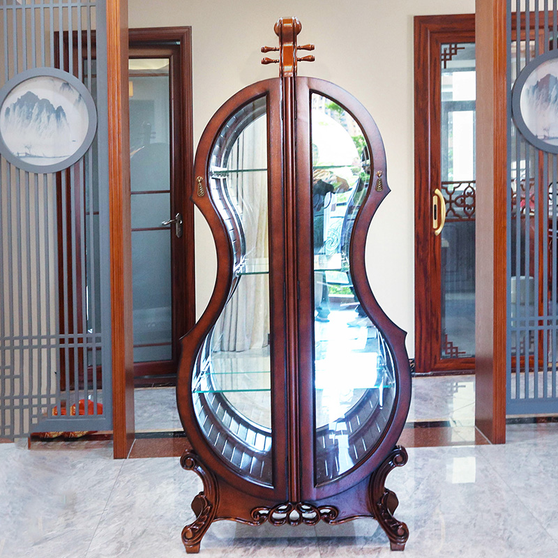 9U Violin Wine Cabinet Solid Wood Carved Glass Double Door Living Room Display Cabinet Home European and American Accessible Luxury Ornaments