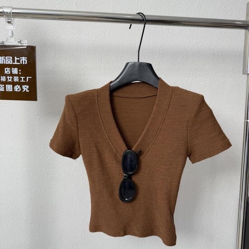 厚包边2025大V领辣妹中高腰修身女上显瘦纯色短袖时尚垫肩气质款|undefined