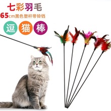 厂家批发 超长65cm长杆软杆七彩彩色铃铛羽毛逗猫棒 猫咪互动玩具