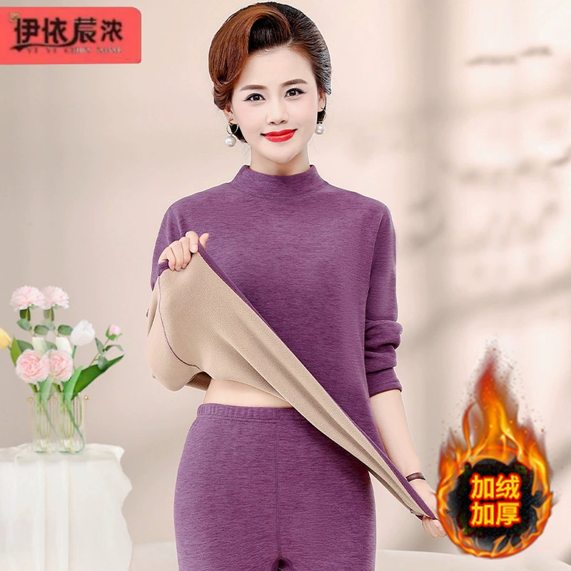 Зимняя одежда для мам, однотонная теплая одежда на флисовой подкладке, костюм, женская одежда среднего возраста, водолазка, теплый воротник, комплект из двух предметов, оптовая продажа
