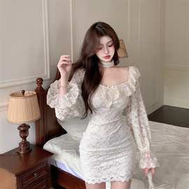 磨毛蕾丝连衣裙女装收腰紧身包臀裙子秋冬蝴蝶结法式长袖打底短裙
