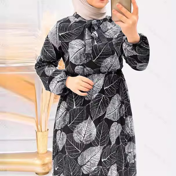 M2236 Middle East Dubai Women's Robe New Leaf Pleated Skirt Fashionable Waist-Cinching Dress_ecoleips.com