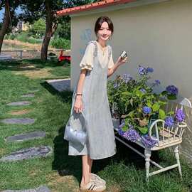 金步康设计感背带裙套装女中长款2026夏季新款小众显瘦两件套连衣