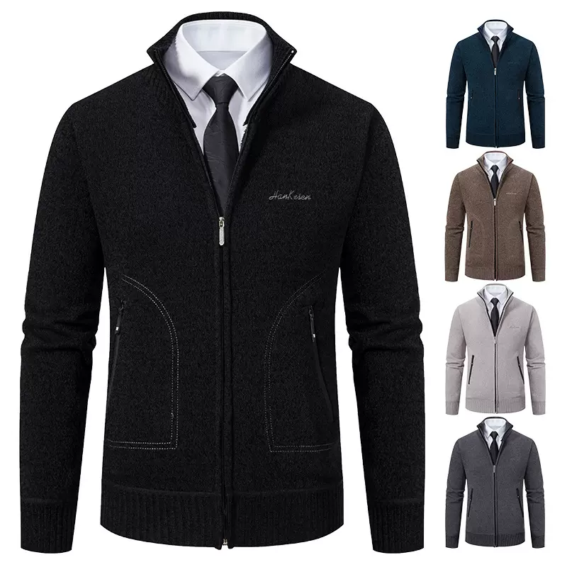 跨境批发秋冬季中年保暖加绒加厚立领针织开衫拉链上衣毛衣男外套