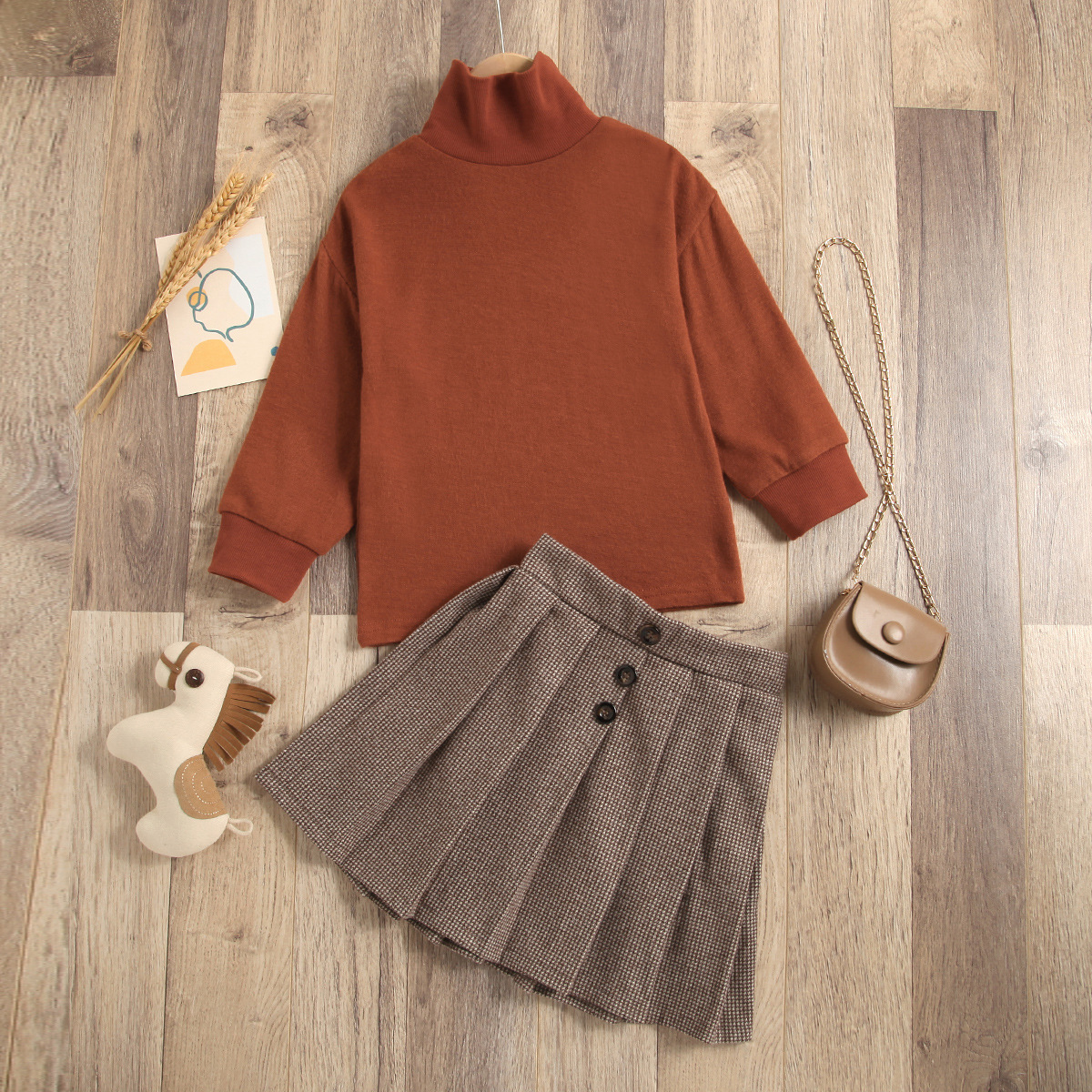 Children's Cross-border Autumn New Long Sleeve Turtleneck Bottoming Knitted Sweater + Woolen Pleated Skirt A- Line Skirt Two-piece Suit display picture 1