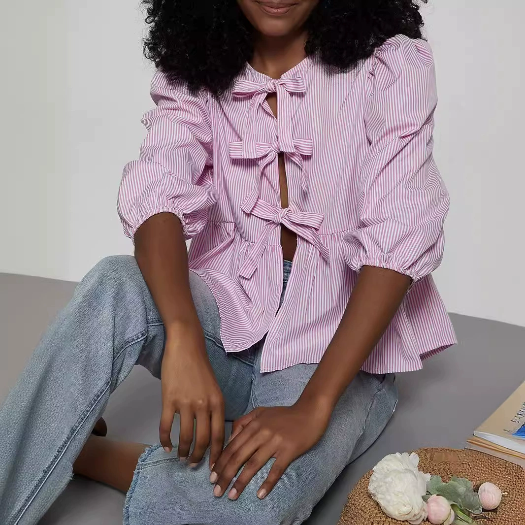 Трансграничная женская оптовая продажа европейского и американского стиля сладкая свежая полосатая рубашка с рукавами из семи точек свободная завязка на шнуровке топ весна-лето