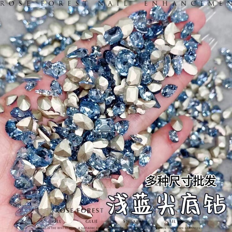 light blue nail drill blue pointed bottom special-shaped drill crystal sugar fat square butterfly love k9 glass nail jewelry wholesale