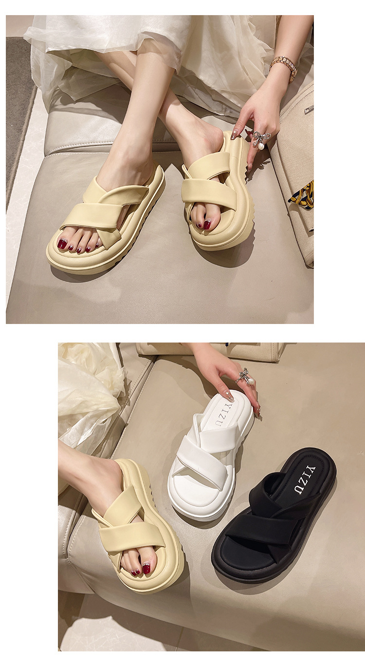 Koreansk version nye tøfler med kryds og tyk sål kvinder, enkle ensfarvede strandtøfler, en fods hjemme- og udendørstøj,_voghion.com