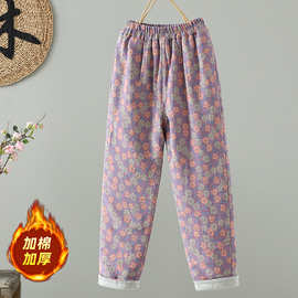 复古印花女冬款新款棉裤拼接加厚休闲设计感宽松直筒裤子2025