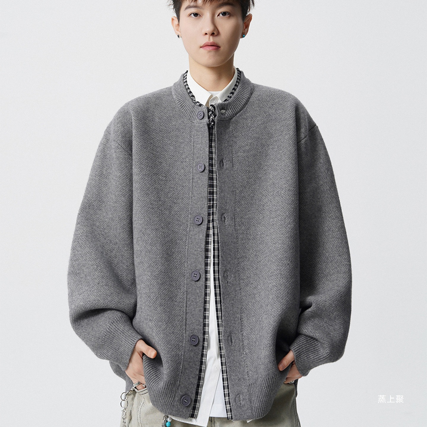 Men's faux two-piece plaid patchwork cardigan sweater, winter loose-fit, casual knit outerwear