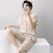 棉绸睡衣女夏季薄款短袖中裤妈妈家居服中年人造棉透气七分裤套装