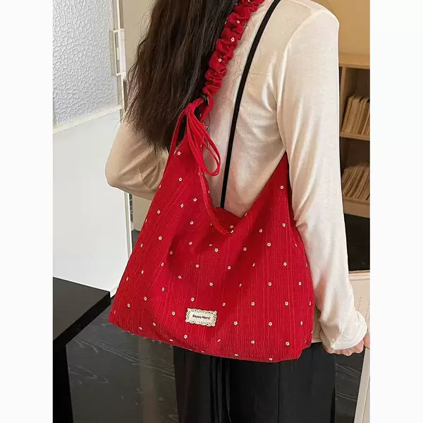 Korean-Style Floral Polka Dot Red Canvas Bag for Women 2026 Spring and Summer New Large-Capacity Versatile Shoulder Crossbody Bag V2