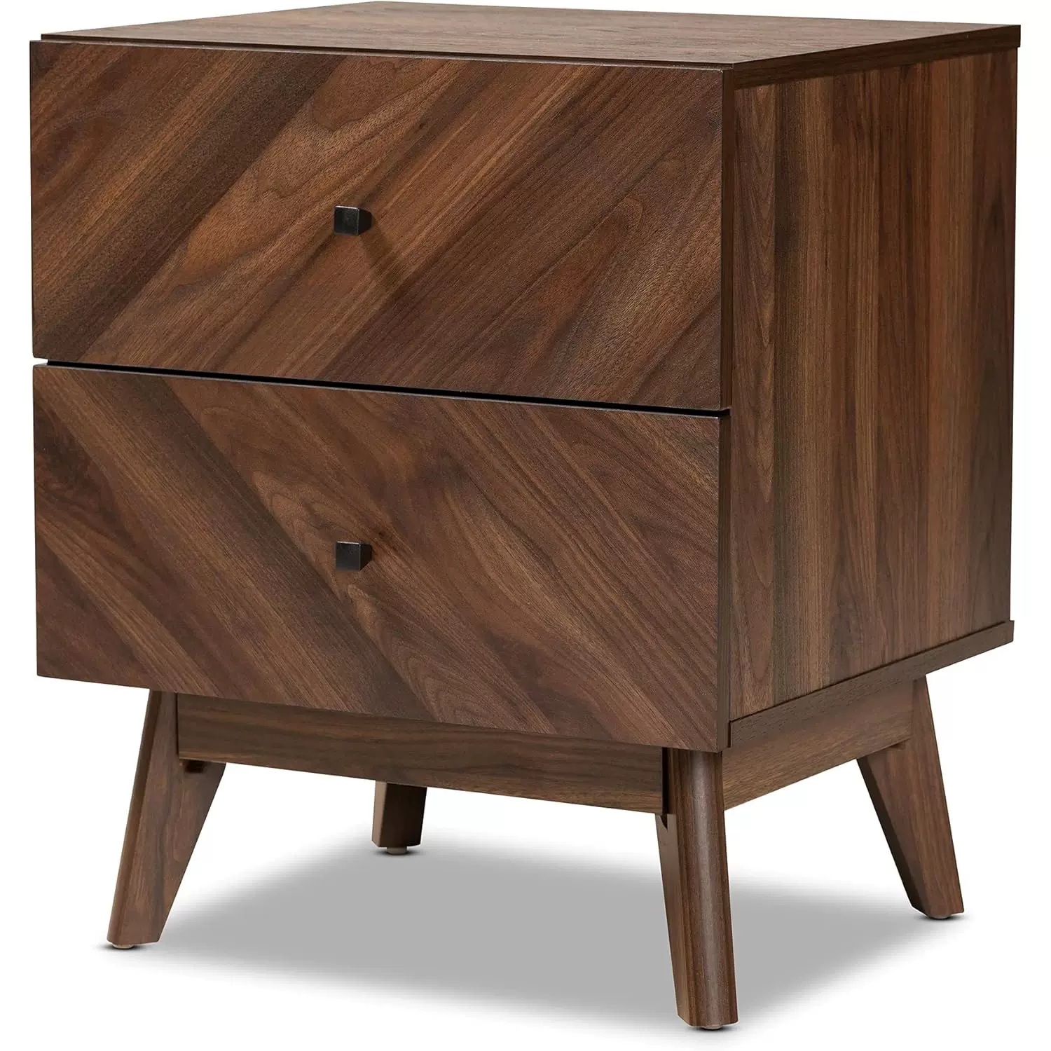 中世纪现代胡桃木棕色成品木质双抽屉床头柜
