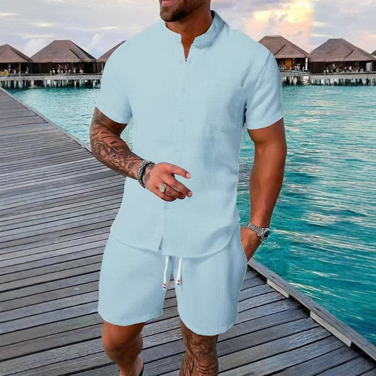 여름 아마존 캐주얼 2피스 남성용 심플 솔리드 컬러 질감 반소매 셔츠 및 반바지 세트