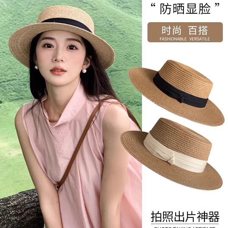 french style flat straw hat women‘s seaside beach hat internet celebrity top hat straw woven sun protection hat women‘s summer photo