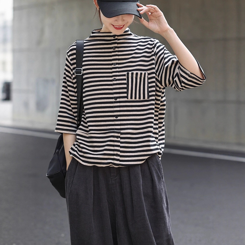柔软高弹力条纹t恤女宽松五分袖假纽扣上衣半高领打底衫秋冬新款