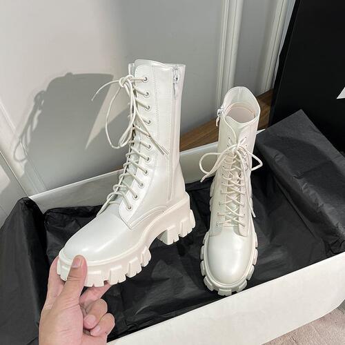 Martin boots, women's round head and side zipper locomotive all-matching white England mid-barrel boots for autumn and winter new thick sole short boots