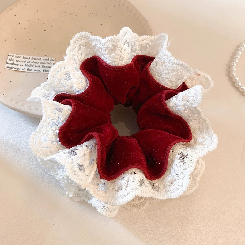 68#Red velvet lace four-layer hair tie, about 16cm large intestine hair tie