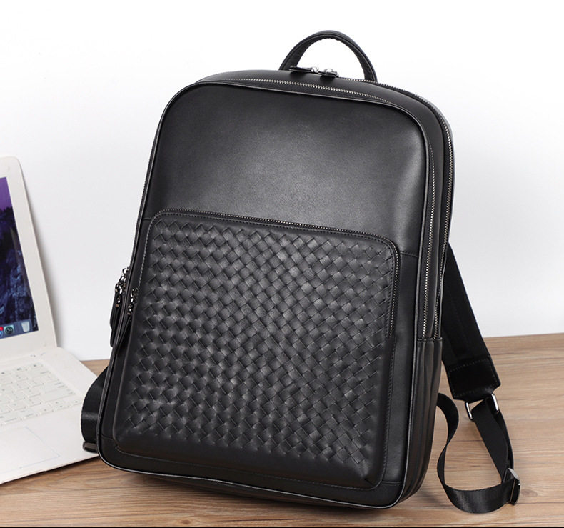 Ba lô nam da thật dệt tay thủ công, ba lô du lịch công sở dung tích lớn, ngăn máy tính 15,6 inch — Màu đen chi tiết 4