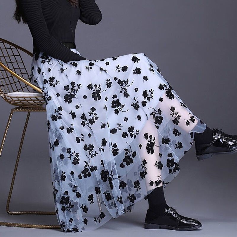 Popular High-End Half-Skirt with Large Hem, Mesh Half-Skirt, Floral Fairy Skirt, Velvet Long High-Waisted Slimming Three-Layer Skirt