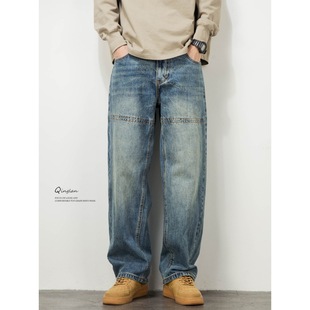 Washed Blue Jeans Men's Trendy Brand Loose Straight American Style Casual plus size High-end Simple Wide-leg Pants Autumn