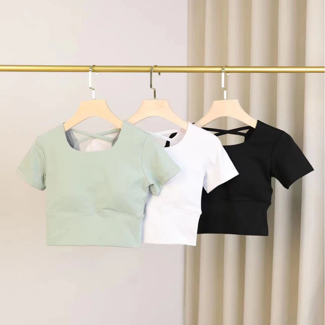 Yoga clothes with chest pad women's short-sleeved T-shirt running fitness round neck backless beauty back slim-fit short sports top