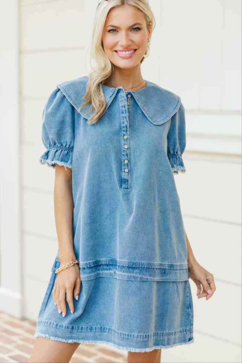 Women's Summer Denim Dress New Arrival Lapel Loose Ruffle Style_ecoleips.com