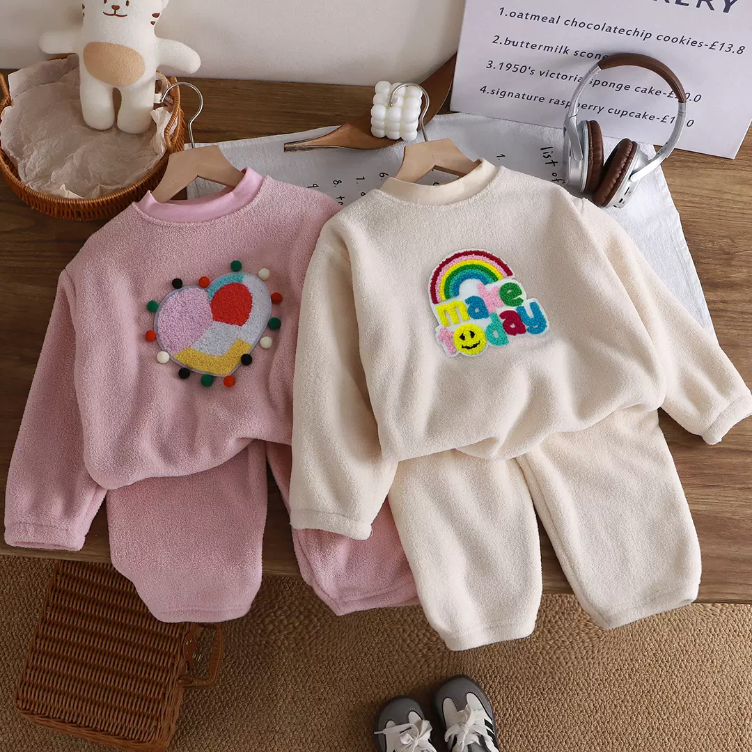 秋冬新款加绒加厚儿童睡衣男女童韩版保暖家居服套装一件代发童装
