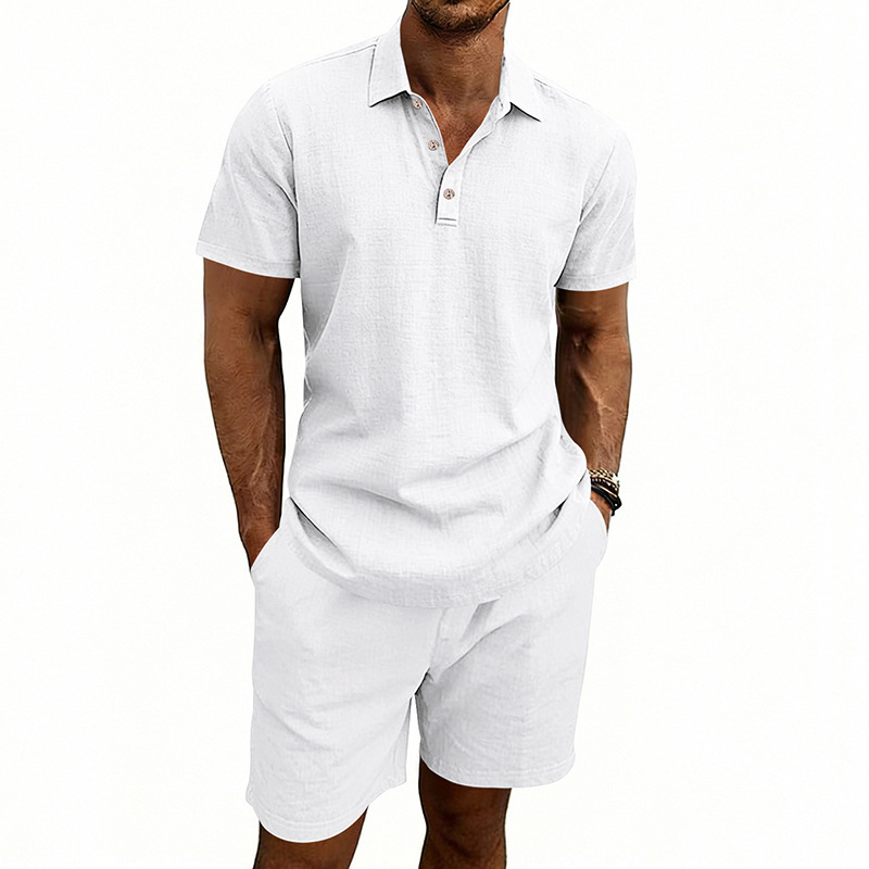 Ensemble polo et short de plage décontractés en lin, style américain, pour homme, idéal pour l'été, les vacances et les trajets quotidiens. Grandes tailles disponibles. Coupe ample. Polo à revers simple et coupe simple._voghion.com