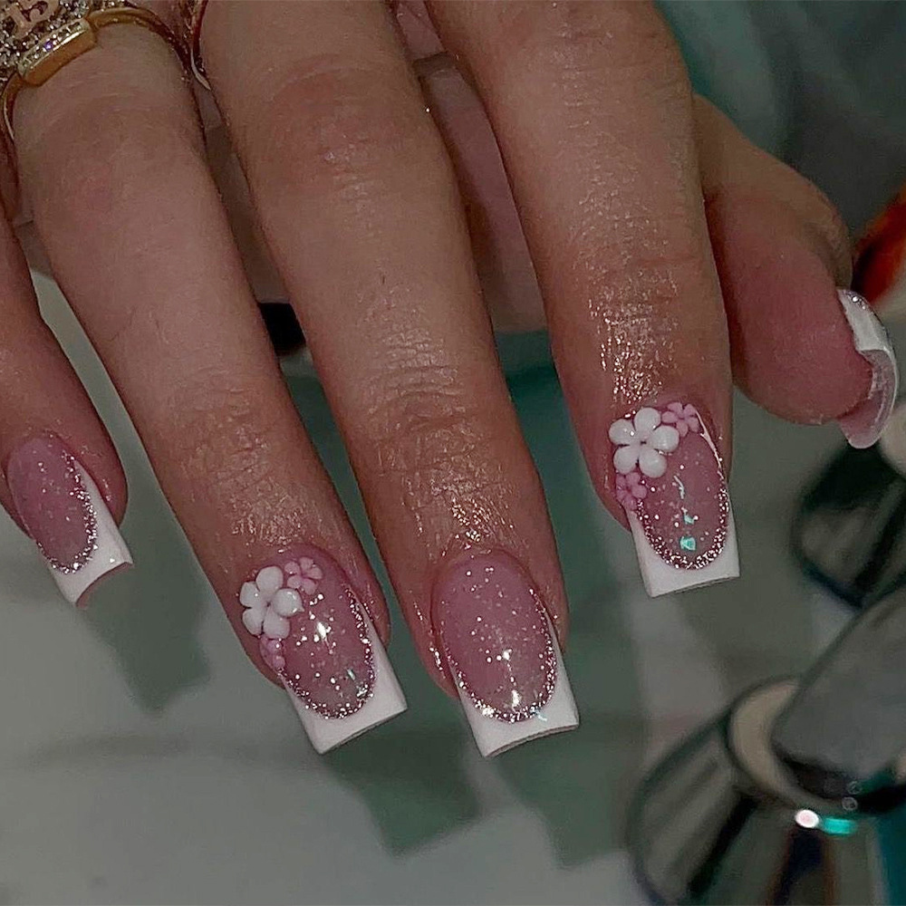 Cielo estrellado, borde blanco, uñas francesas, uñas, brillo, gradiente, uñas, venta caliente transfronteriza, flores tridimensionales, uñas