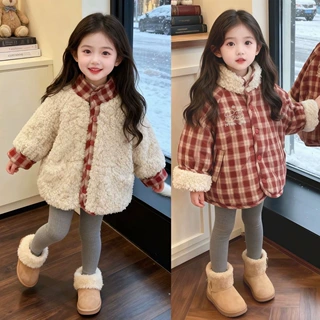 女童加绒加厚棉服洋气双面穿2026新款宝宝夹棉外套儿童棉袄毛毛衣