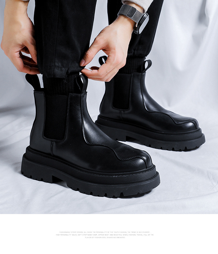 Black Leather Chukka Boots For Men, Trendy Raised Sole Footwear_voghion.com