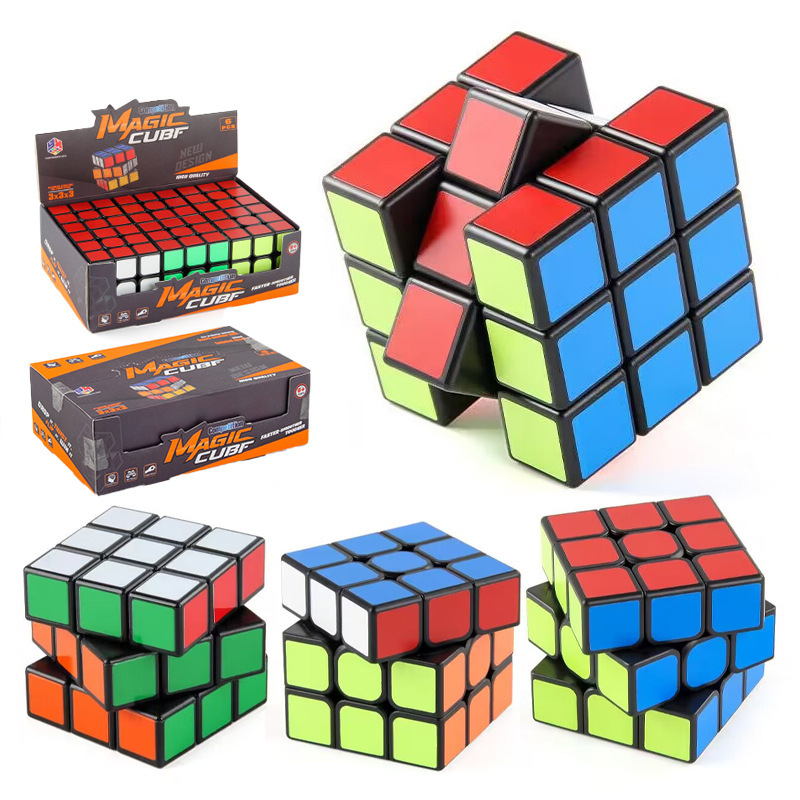 Niños rompecabezas de fondo negro brillante esquina redondeada de tercer grado rubik stickers de fondo negro de grado normal rotativo rubik cubo juguetes de exhibición caja