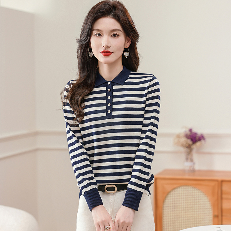 Brand Women's Wool Sweater Autumn and Winter 2024 Fashion Striped All-match Women's Wear Age-reducing Slimming Age-reducing Knitted Sweater