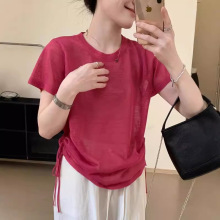 设计感侧边抽绳圆领基础短袖2025夏季西新款韩版显瘦圆领上衣T恤