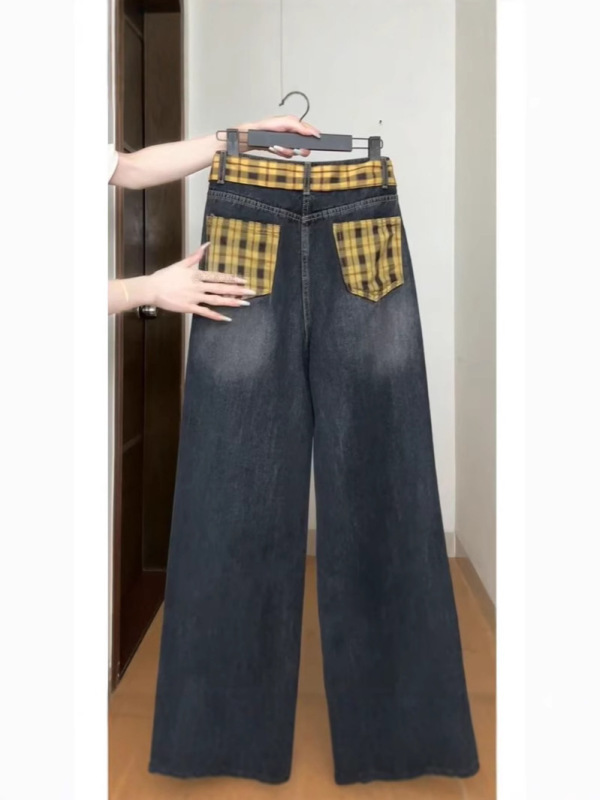 美式复古灰色格子拼接阔腿牛仔裤春夏季设计感高腰宽松直筒拖地|undefined